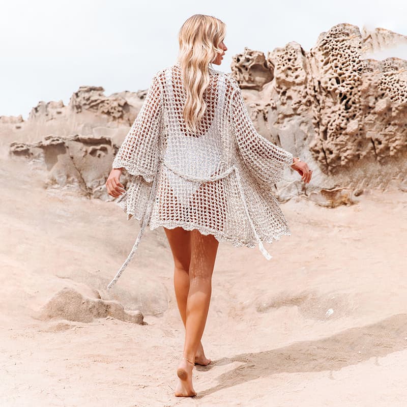 Wholesale Sexy Split Side Beach Kimono Sheer Open Front Knitted Cover up Lightweight Loose Swimwear Cover up