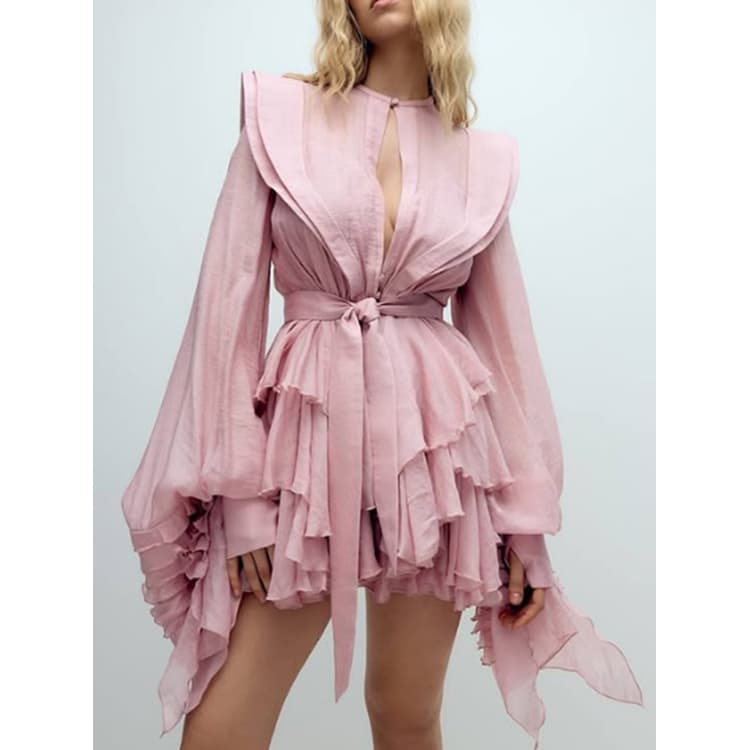 2026 New Autumn Women Flounce Sleeve Dress Lantern Sleeve Ruffle Beach Short Dress Elegant Casual Dress