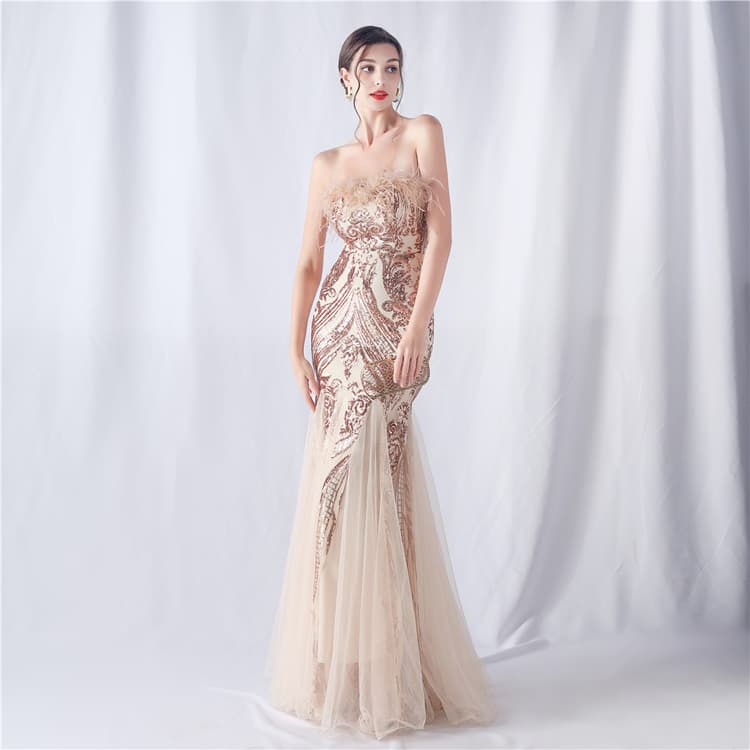 New Arrival 2024 Ostrich Feather Annual Meeting Evening Dress Tube Top Sequined Mesh Women Evening Dress Elegant Backless Dress
