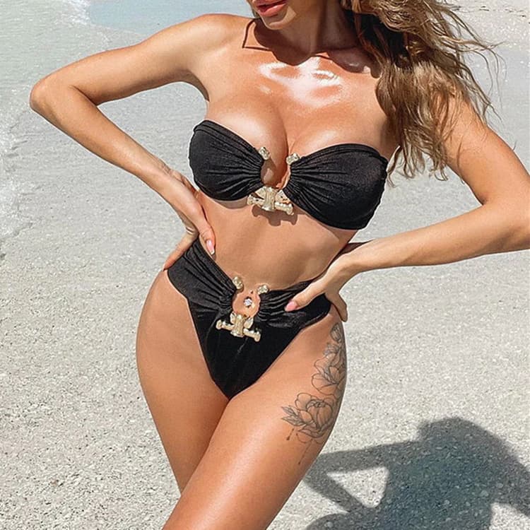 2021 New Sexy Bikini Solid Color Tube Top High Waist Swimsuit Metal Female Swimsuit