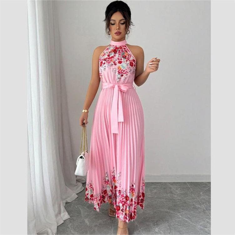 Wenshuo Halter Pleated Dress Factory Direct Printed Ribbon Dress Custom logo Stylish Sleeveless Maxi Dress Wholesale
