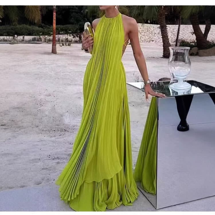 Women Fluorescent Yellow Beach Dress Sexy Backless Sleeveless Maxi Long Dress Solid Color Gowm