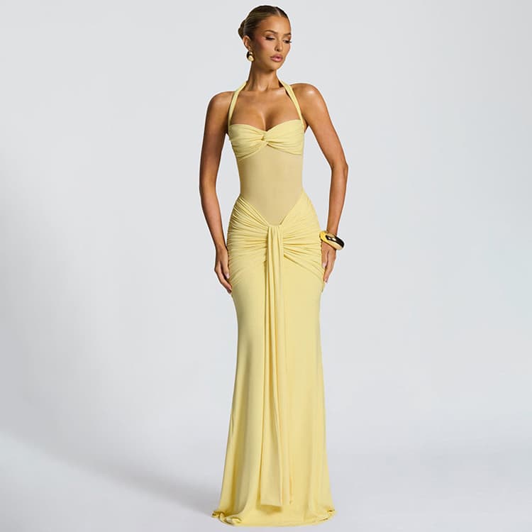 Wholesale Fashion Sheer Mesh Dress with Patchwork Strapless Solid Color Dress Sexy Fitted Dresses for Women