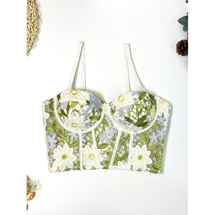 Wholesale Mint Mambo Floral Lace Bralette Corset Top Boning Sexy Camisole for Women Underwear As Outerwear