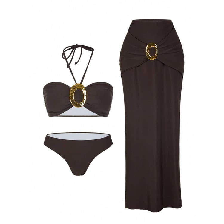 New Brown Bikini Swimsuit Sexy Halter Swimsuit Beach High Cut Long Skirt Bikini Beachwear