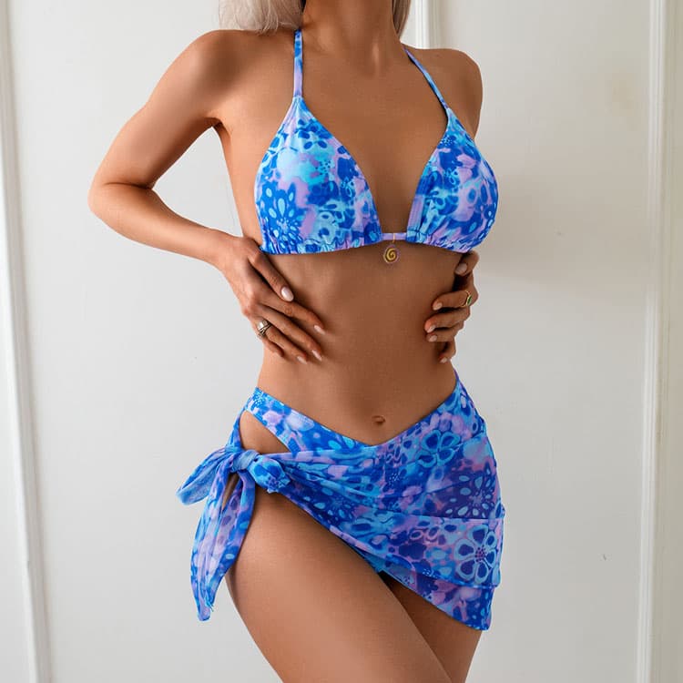 Blue Print Sexy Bikini Three Piece Set 2026 New baFashionable Elegant Luxury Swimwear Set