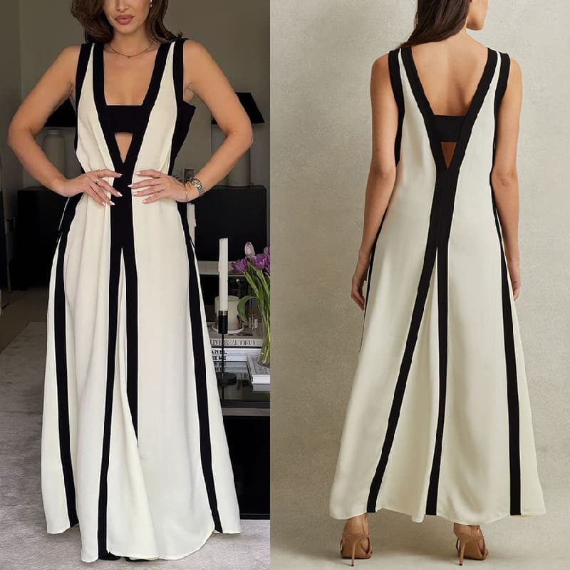 Deep V Vest Dress Wholesale Sleeveless Long Dress Manufacturer Designed Gauze Dress Factory Directly