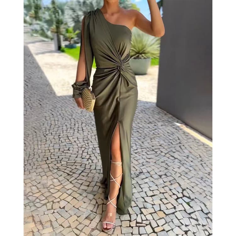 2025 Summer New One Shoulder Evening Dress Twist Front Slit Solid Color Slim Dress Hollow Long Sleeve Elegant Dress