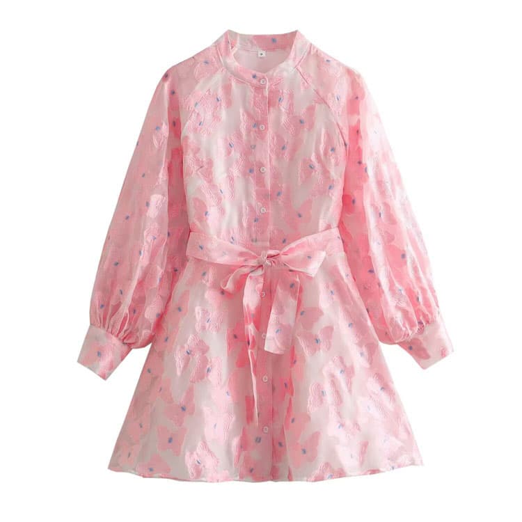 Casual Dress Lady Sweet Style Pink Long Sleeve Shirt Dress Women Embroidery Mesh Holiday Dress