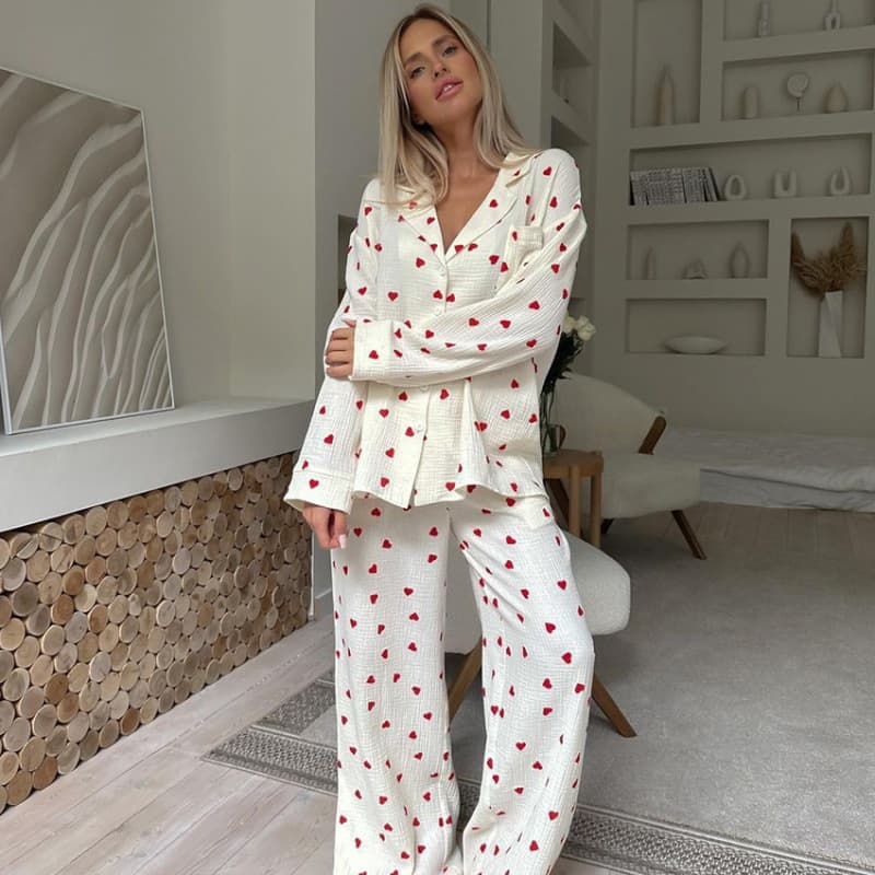Crepe Pure Cotton Pajamas Set Wholesale Button Long Sleeved Pajamas Manufacturer Straight Leg Trousers Factory Directly