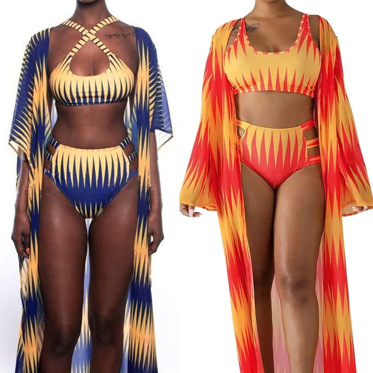 Sexy Print Bikini Swimsuit Beach Cover up Three Piece Womens Swimwear Bikini