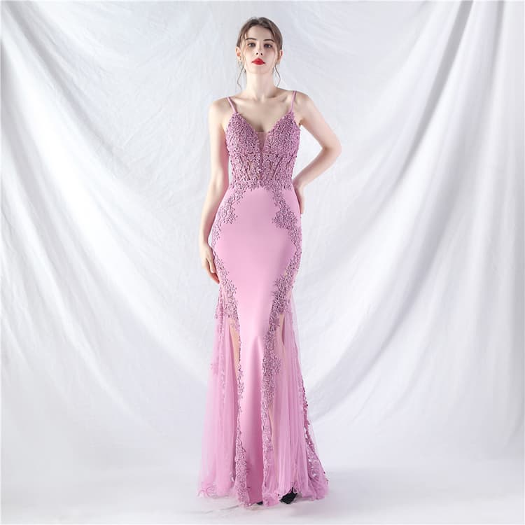 Lace Embroidery Rhinestone Elegant Evening Dress Fishbone Mesh Hollow Backless Women Ball Gown High End Small Tail Evening Dress