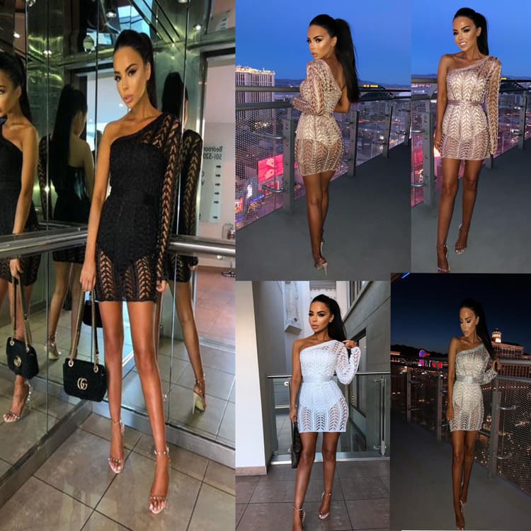 New Arrival Summer One-shoulder Sexy Slim-fit Lace-up Knitted Hip Dress Shiny Dresses