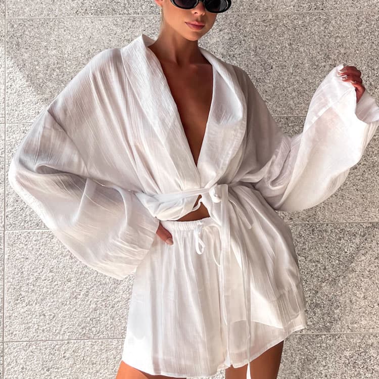 Pleated Minimalist Suit Custom logo Lace up Long Sleeved Top Wholesale Loose Drawstring Shorts Factory Direct