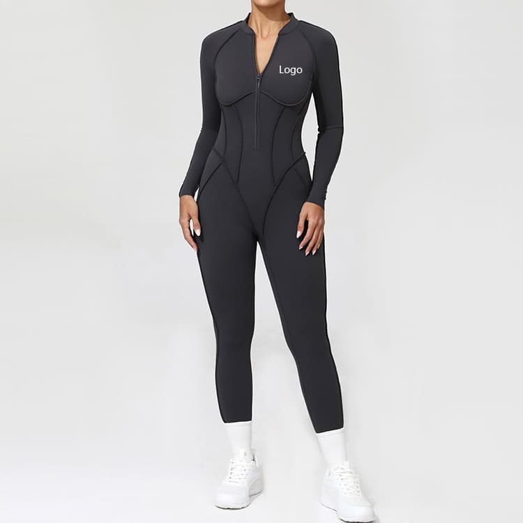 Hot Sell Outline Designed Gym Wear Long Sleeves Hollow Back Zipper One Piece Women Long Pants Yoga Jumpsuit