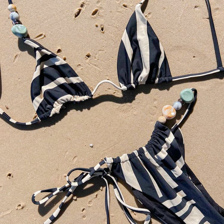 Striped Black White Sexy Bikini Two Piece Set Thong Swimsuit Spa Beach Wear with Pearl Accessories