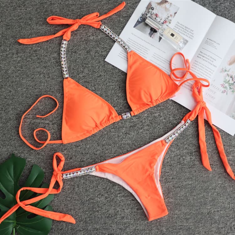 New Solid Color Swimsuit Sexy Bandage Bikini Luxury Diamond Swimwear