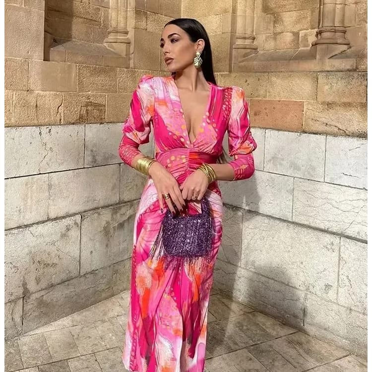 2024 Popular Floral Printed Causal Dress Pleated V Neck Long Sleeved Dress Elegant Midi Dress