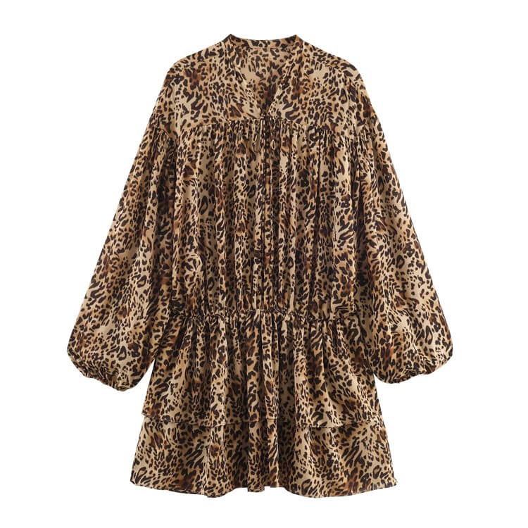 2026 Women Pleated Casual Dress Animal Print Ruffle Dress Lady Leopard Print Dress Wholesale