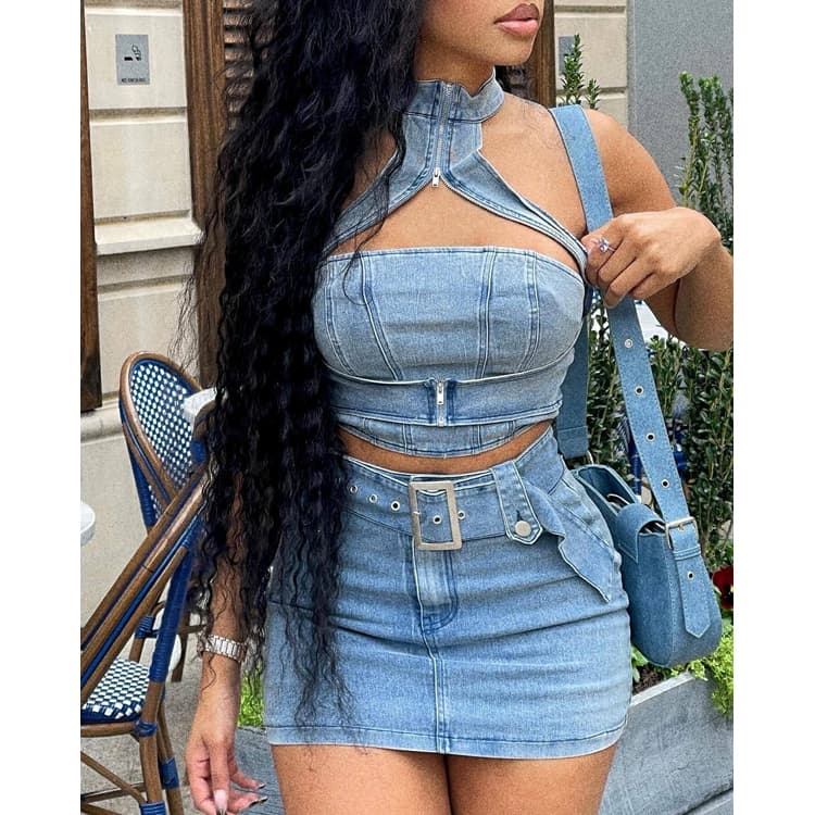 Wholesale Pearl Chain Denim Jacket Pearl String Jeans Fashionable Pearl String Denim Suit