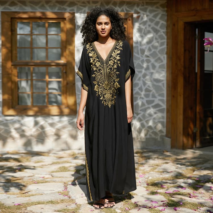 Wholesaler Rayon Position Embroidered Gowns Oversize Women Vacation Dress Beach Sexy Cover Ups