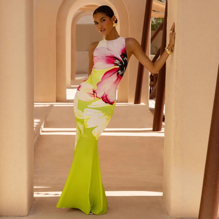Women Formal Gown Floral Printed Bodycon Mermaid Maxi Dress with Round Neck and Sleeveless Mermaid Evening Dress