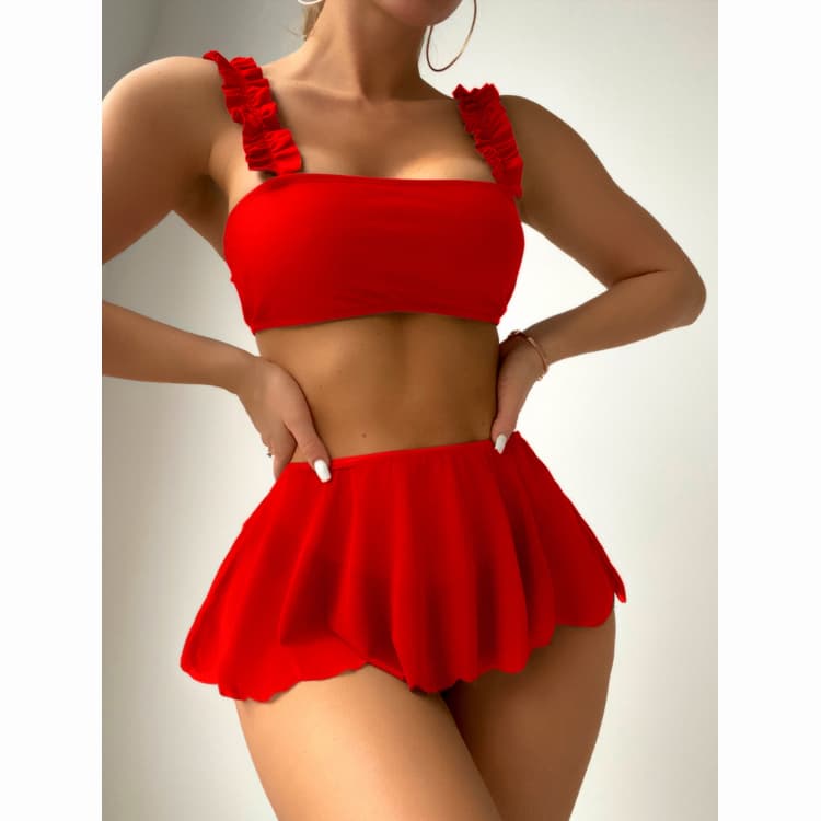 Sexy Red Bikinis 2024 High Waist Swimsuit 3 Piece Bathing Suit Bikini Mini Skirt Cover up Swimwear