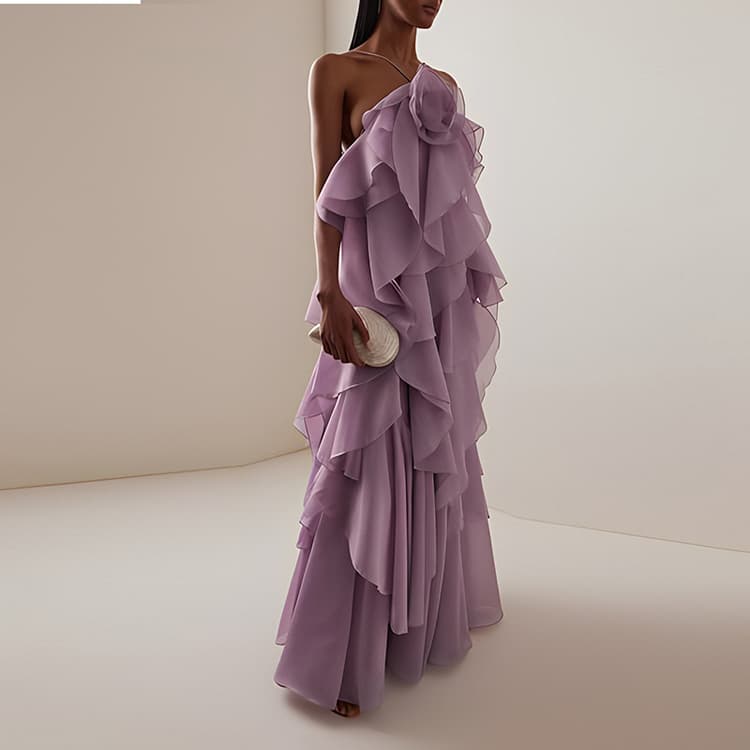 High Quantity New Dress Women 2025 Summer New Fashion Halter Sleeveless Casual Dress Ruffled Suspender Long Dress 3D Flower
