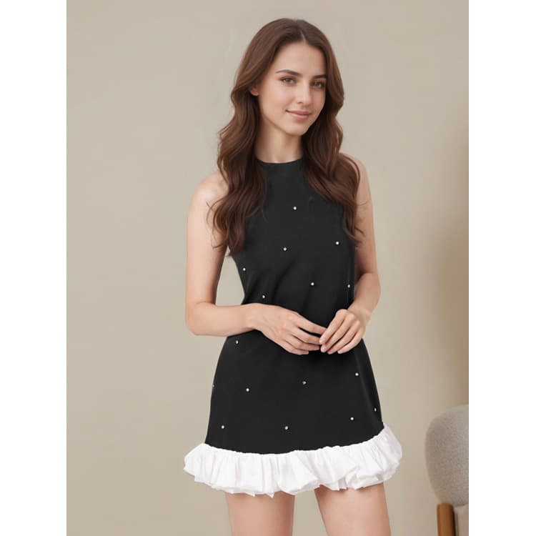 Popular Sleeveless Women Black Suspender Casual Dress Summer Slim Diamond A-Line Elegant Dress Ruffle Splicing Short Dress