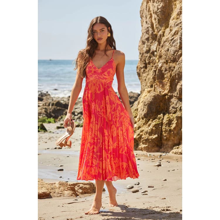 New Style Holiday Beach Dress V Neck Flower Printed Sleeveless Pleated Dress Fashion Lace up Midi Dress