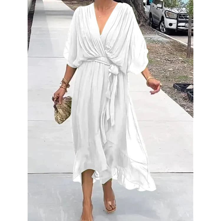 2025 S-5XL New Women Clothing Solid Color Long Casual Dress Batwing Sleeve Irregular Dress Large Size Deep V Neck