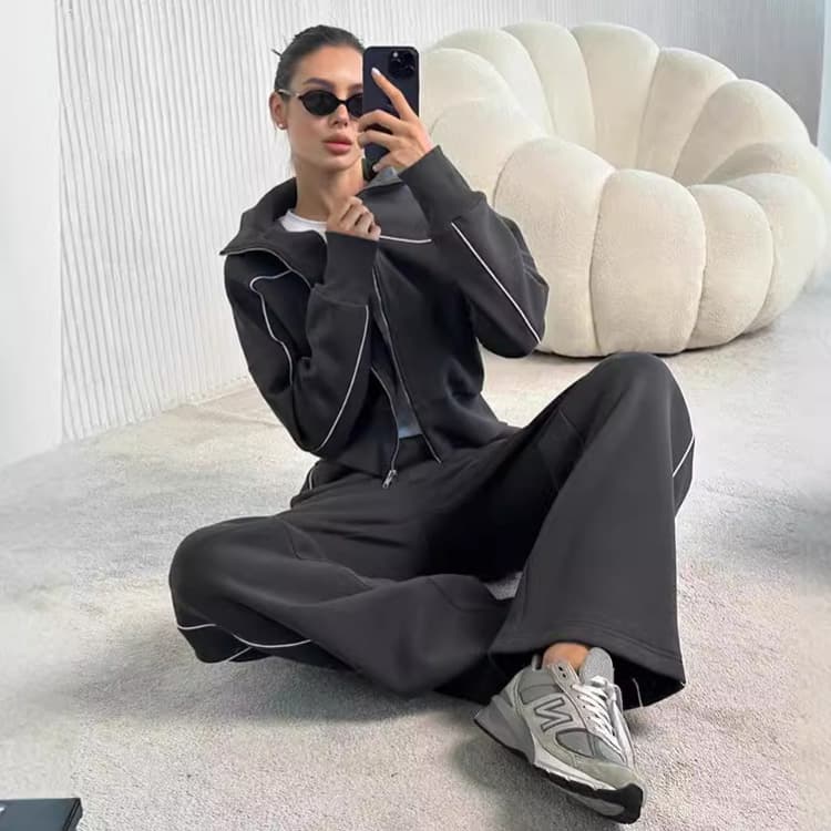 Wenshuo Long Sleeve Zip Top Wholesale Elastic Solid Color Trousers Custom logo Simple Casual Tracksuit Factory Direct