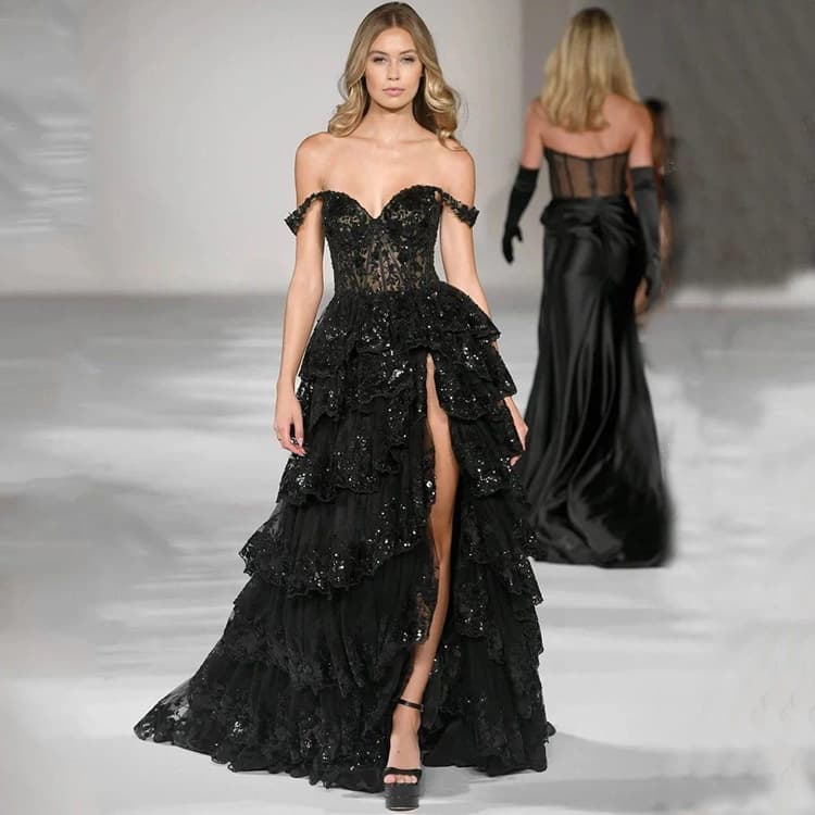 High End Evening Gowns Wholesale Lace Multi Layer Evening Dress Custom logo Off the Shoulder Split Maxi Dress Factory Direct