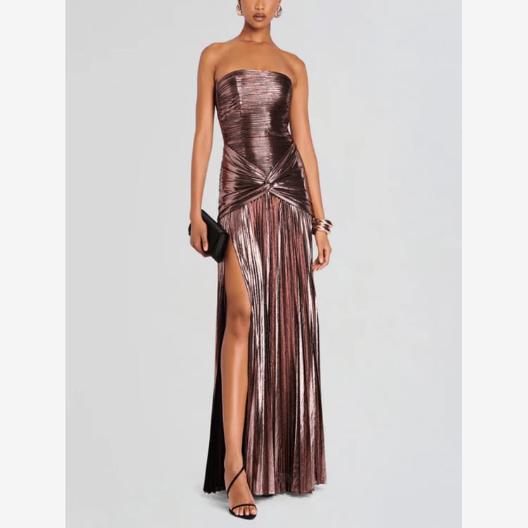 Wenshuo Stylish Metallic Dress Wholesale Solid Color Split Dress Custom logo Pleated Club Dress Factory Direct