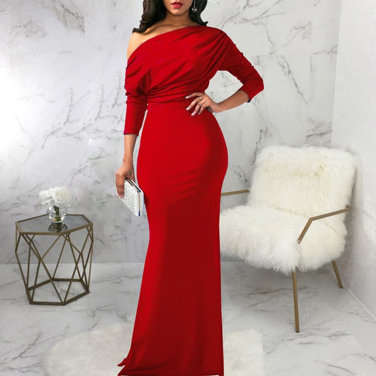 Wenshuo Solid Color Evening Dress Wholesale Long Sleeve Fishtail Dress Custom logo Fashion off Shoulder Dress Factory Direct