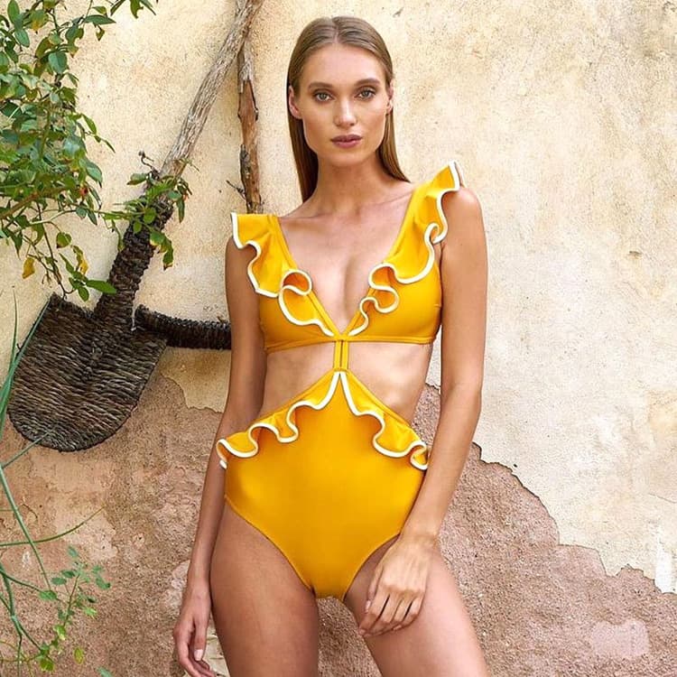 Custom Swimsuit One Piece Sexy Swimsuit Solid Color Ruffled Bikini Swimwear