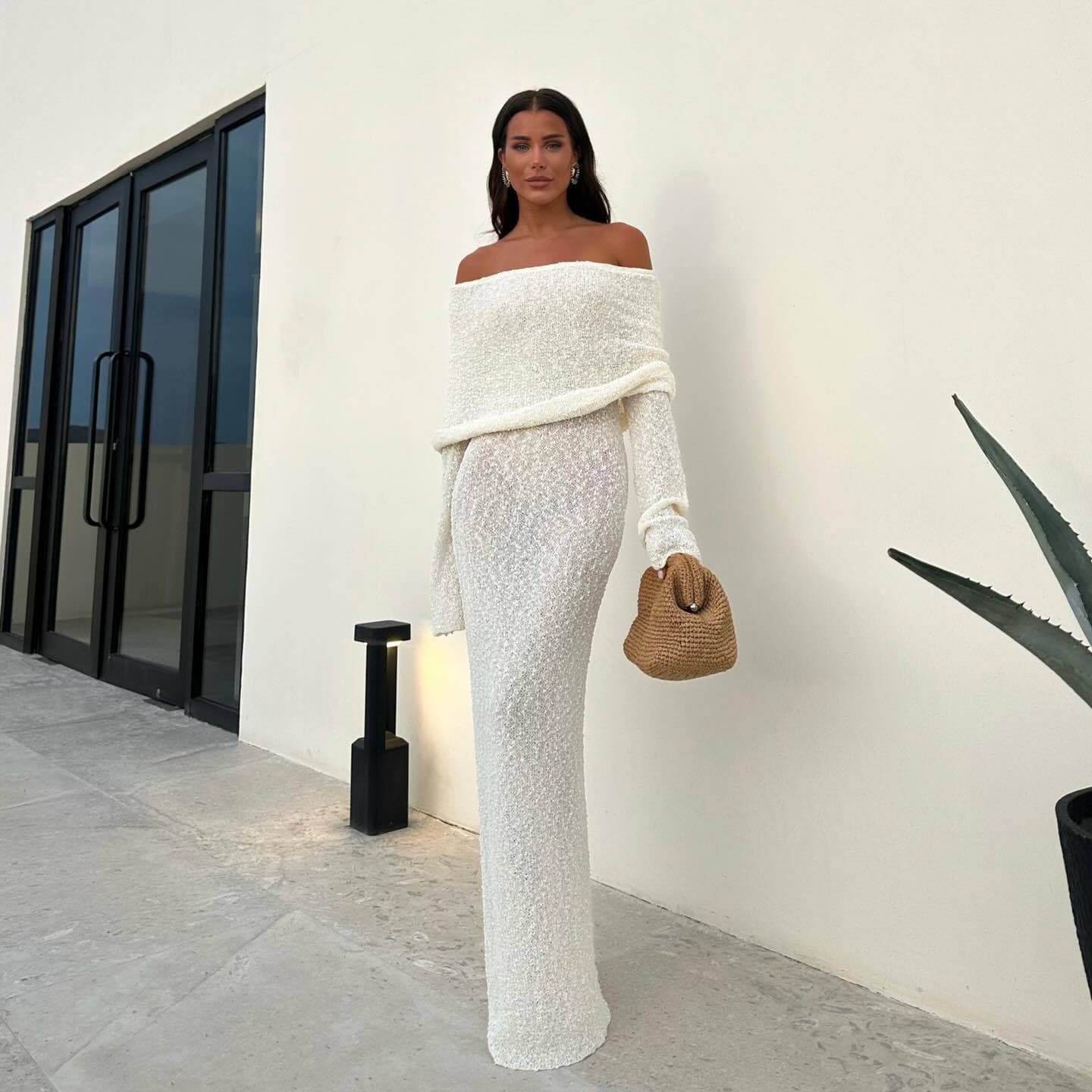 Off Shoulder Long Dress Wholesale Long Sleeved Dress Manufacturer Solid Color Slim Dress Factory Directly