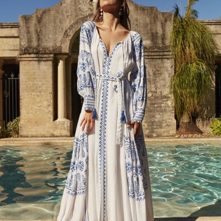 2024 New Bohemian Holiday V Neck Long Dress Exquisite Embroidery Tassel Lantern Sleeve Long Dress With Belt Women Casual Dress