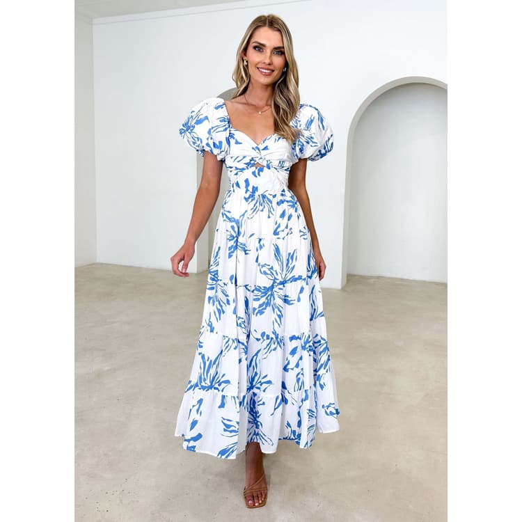 2024 New Printed Dress High-end Elegant Loose Large Bottom Front Twist Puff Sleeve Casual Dress Simple Dress