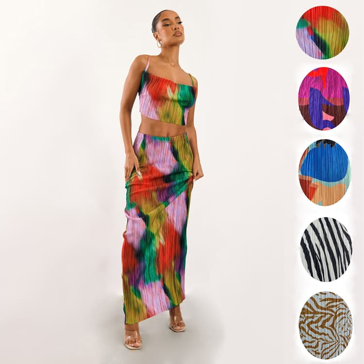 2023 Popular Print Pleated Two Piece Strap Top With New Design Slimming Long Dress