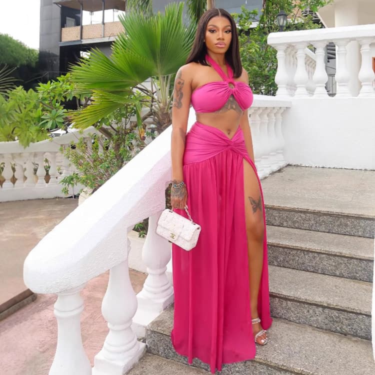 Halter Sexy Dress Wholesale Fashion Split Maxi Dress Custom logo Simple Solid Color Dress Factory Direct