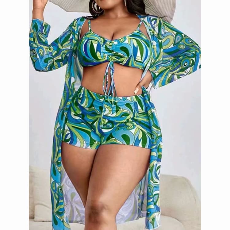 Wholesale Customized Cute New 3 Piece Plus Size Swimwear Printed Colorful Halter Plus Size Bikini With Cover up