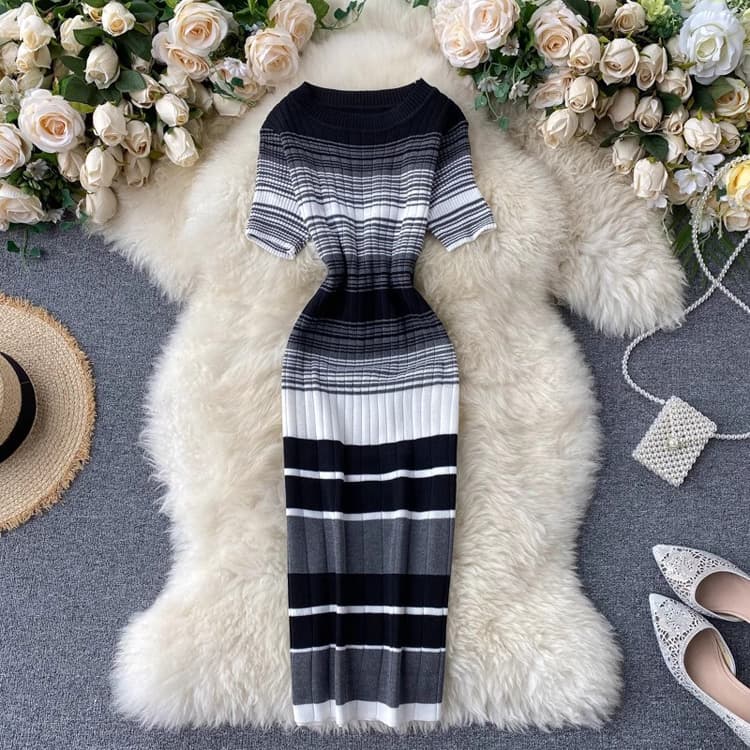2025 New Women Patchwork Color Casual Dress Stripe Waist Elastic Knitted Long Dress Retro Soft Knit Women Dress