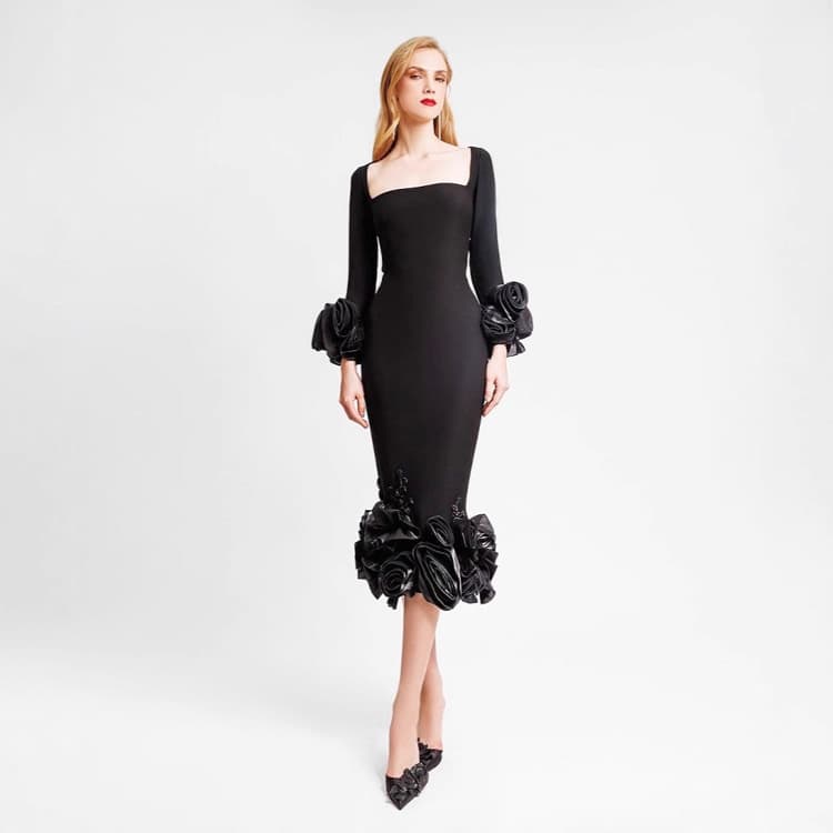 3D Floral Maxi Dress Wholesale Solid Color Evening Dress Custom logo Fashion Split Skirt Factory Direct