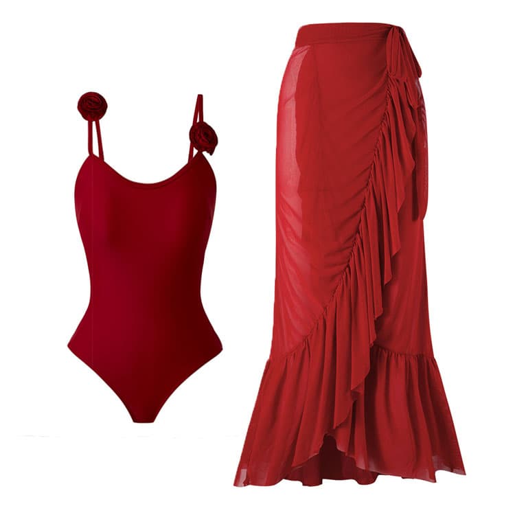 Customized Solid Color One Piece Swimsuit Sexy Two Piece Swimwear Mesh Skirt Bikini Set