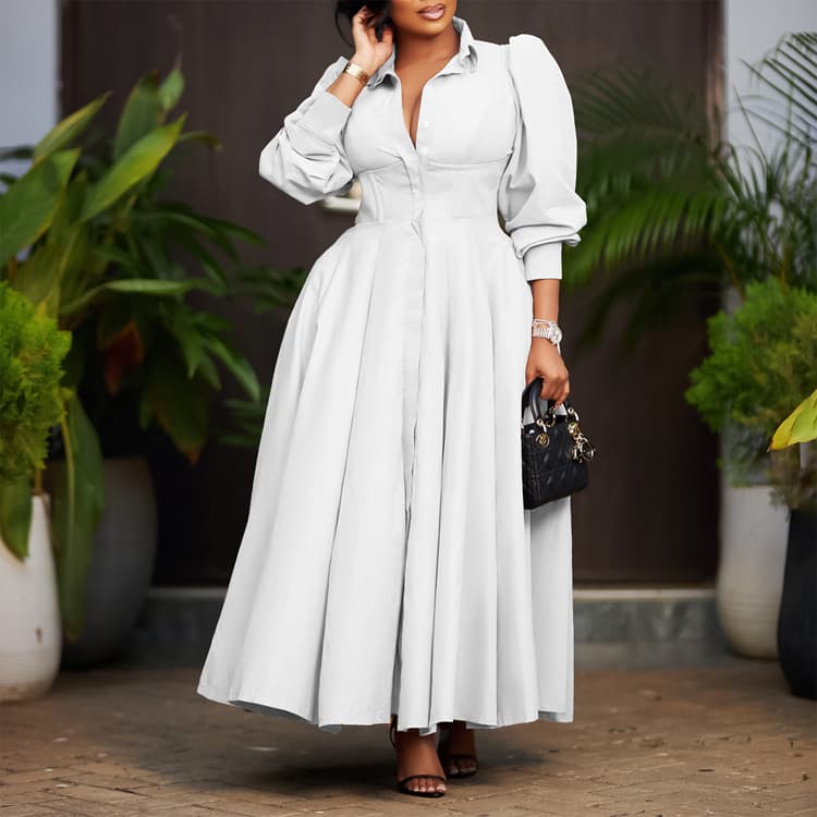 Women Elegant Long Sleeve Big Swing Shirt Dress Fashion Solid Color Long Casual Dress S-XXXL Plus Size Dress