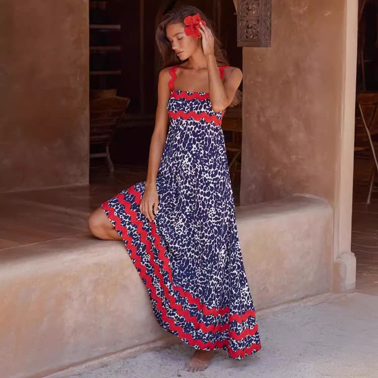 New 2024 Summer Floral Casual Women Maxi Dress Loose Sundress Sleeveless Square Neck Beach Dress