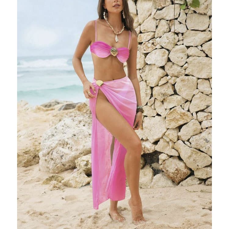 New Fashion Gradient Shell Bikini Set 2026 Fashion Bandeau Backless Sexy Swimsuit 3 Piece Set