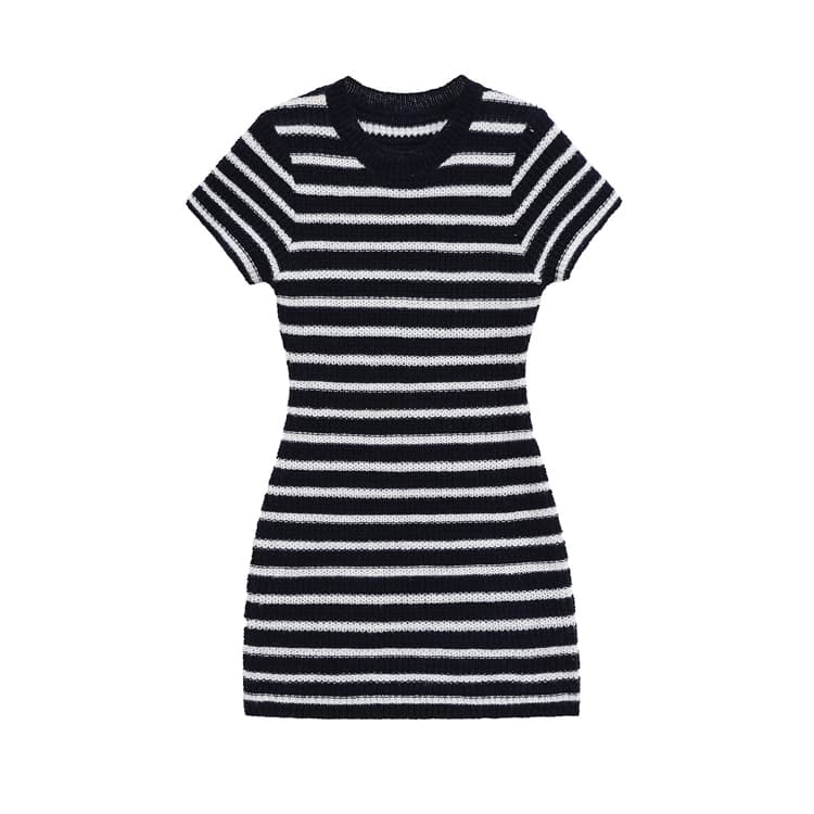 2025 Black and White Stripes Knitting Mini Dress Women Clothing High Quality Women Casual Dress Loose Knit Dress