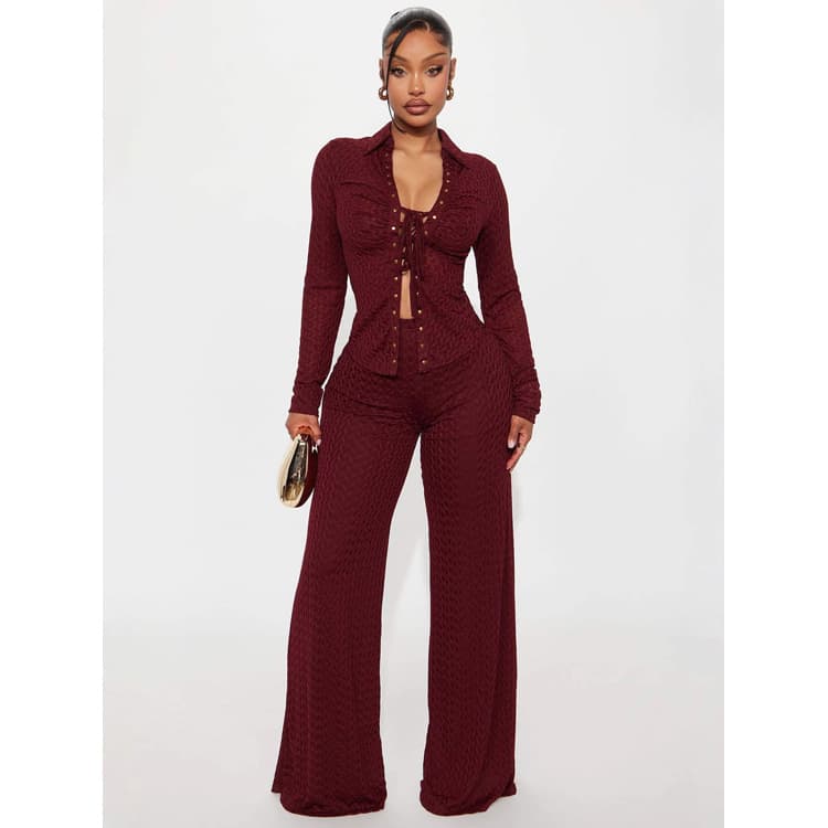 Wenshuo Casual Solid Color Suit Wholesale Long Sleeve Ribbon Top Custom logo Loose Straight Trousers Factory Direct